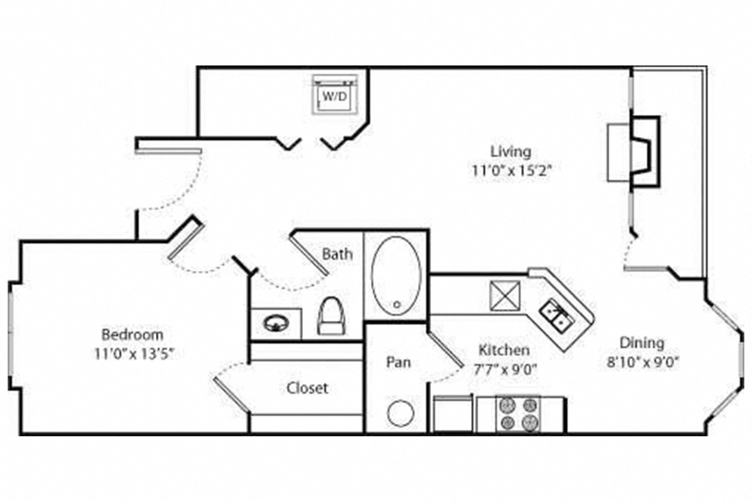 Floor plan for 1 bed, 1 bath, 773 sqft